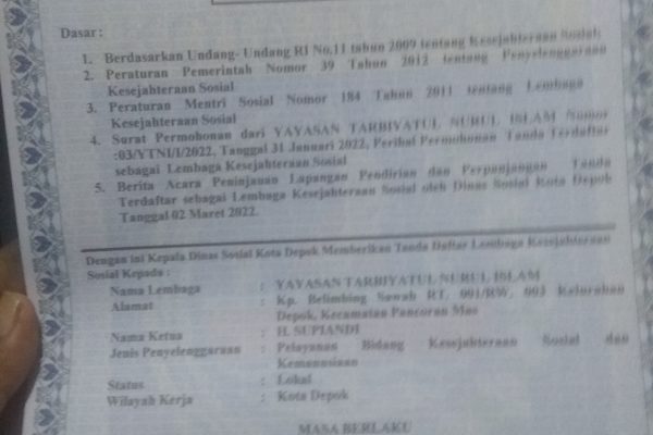 Yayasan Tarbiyatul Nurul Islam  Terima Sertifikat dari Dinas Sosial Kota Depok.