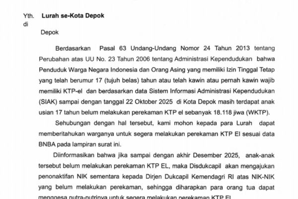 Aktivis Sebut, Surat Edaran Perekaman KTP-el Sekda Depok Cerminkan Krisis Tata Kelola Hukum dan Pelanggaran Hak Konstitusional